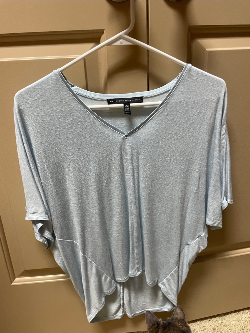 White House Black Market Light Blue V-Neck Draped Short Sleeve Top